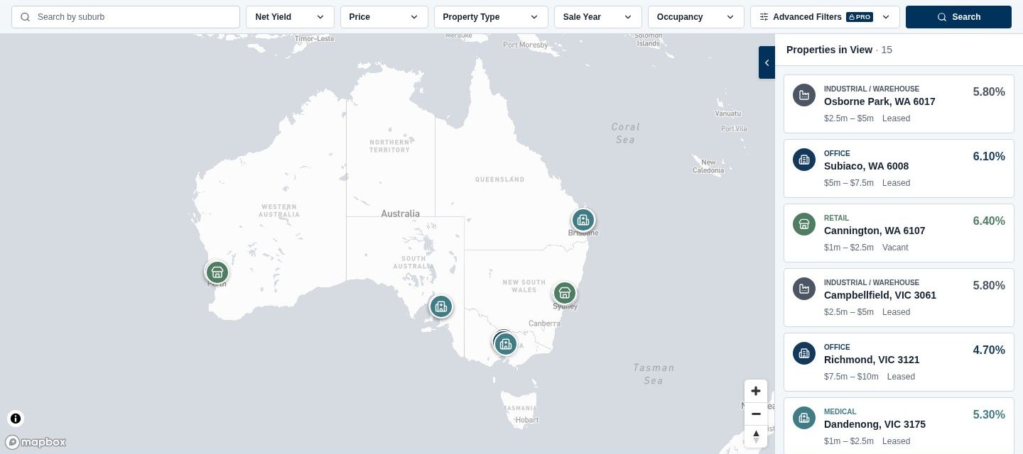 Preview of the CapRates map showing commercial property sales and net yields across Australia